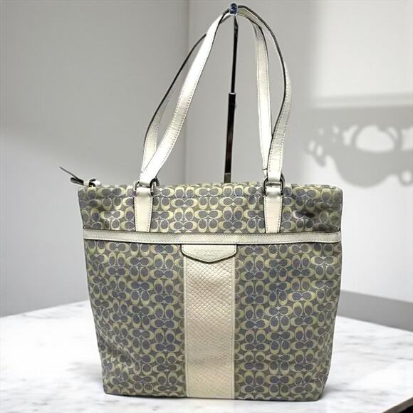 COACH Blue White Leather Monogram Signature Stripe Tote - Picture 1 of 10